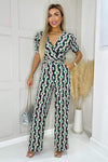 Green And Blue Geometric Multi Printed Wrap Top Belted Jumpsuit