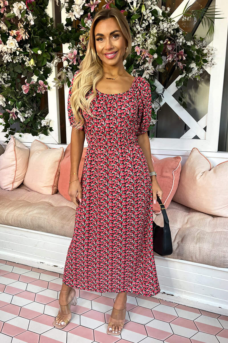 Red Multi Floral Printed Puff Sleeve Midi Dress AX Paris Red Multi Floral Printed Puff Sleeve Midi Dress AX Paris
