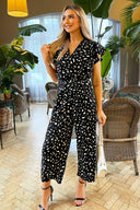 Black Printed Wrap Short Frill Sleeved Jumpsuit