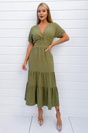 Khaki Twist Front Maxi Smock Dress