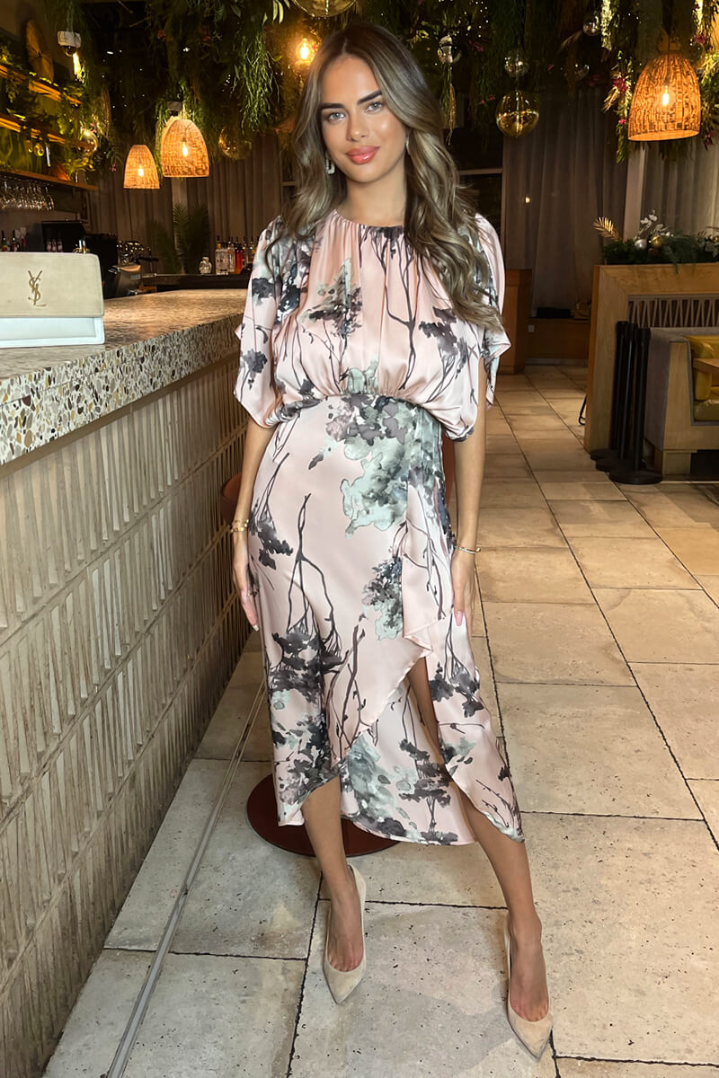 Dusty Pink Printed Batwing Top Wrap Skirt Midi Dress AX Paris Dusty Pink Printed Batwing Top Wrap Skirt Midi Dress AX Paris
