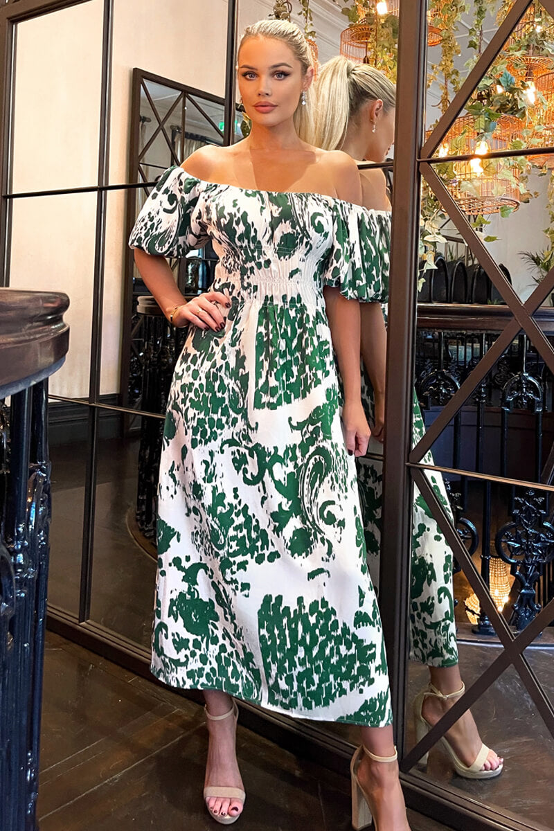 Cream and Green Printed Elasticated Waist Bardot Midi Dress AX Paris Cream and Green Printed Elasticated Waist Bardot Midi Dress AX Paris