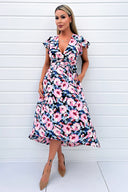 Pink Floral Print Short Sleeve Belted Wrap Midi Dress