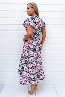 Pink Floral Print Short Sleeve Belted Wrap Midi Dress