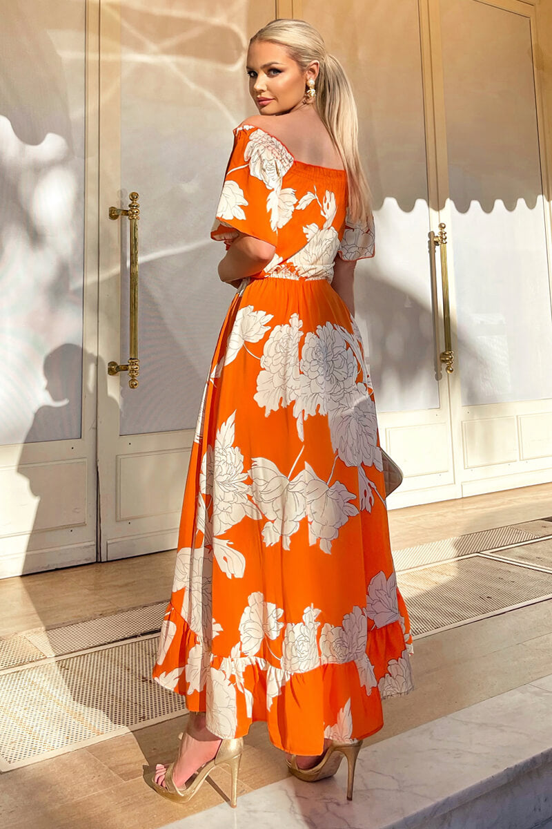 Blood Orange Printed Bardot Style Midi Dress