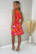 Pink And Orange Floral One Shoulder Frill Mini Dress