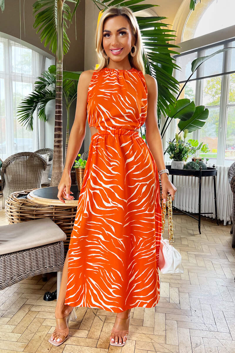 open lace back dress Blood Orange Printed Cut Out Midi Dress – AX Paris
