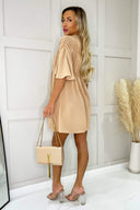 Stone Button Up Ruched Detail Smock V-Neck Dress