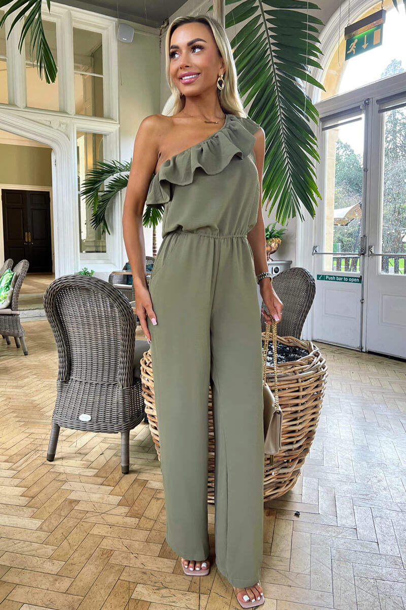 Khaki Frill One Shoulder Jumpsuit