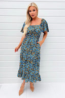 Blue Floral Printed Flutter Sleeve Midi Smock Dress