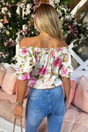 Cream Floral Print Elasticated Off The Shoulder Frill Detail Top