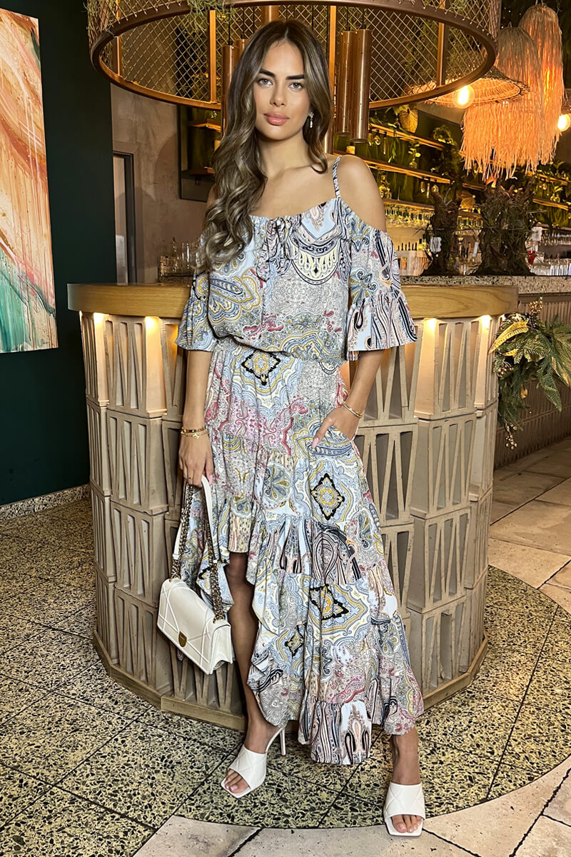 Multi Paisley Printed Cold Shoulder Asymmetric Smock Midi Dress – AX Paris