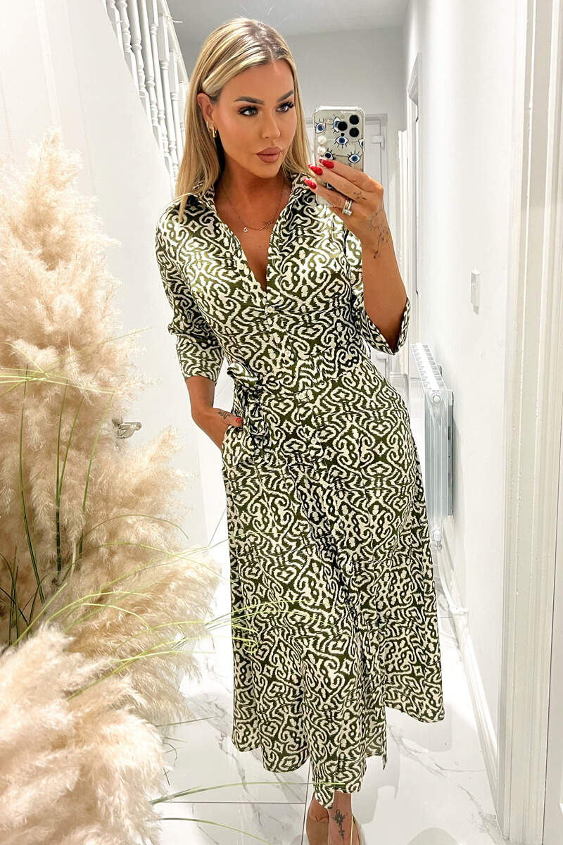 Khaki And Cream Print Shirt Midi Dress AX Paris Khaki And Cream Print Shirt Midi Dress AX Paris