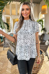 Black And White Animal Print Frill Neck Top