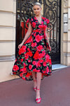Red Floral Print Short Sleeve Belted Wrap Midi Dress