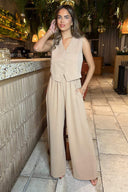 Stone Wide Leg Trousers With Elasticated Waist