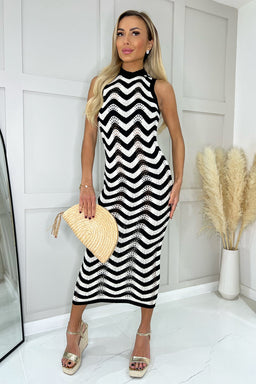 Black And White Zig Zag Sleeveless Crochet Midi Dress