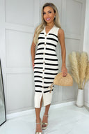 Cream And Black Striped Button Front Ribbed Midi Dress