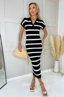 Black And White Striped Short Sleeve Ribbed Midi Dress