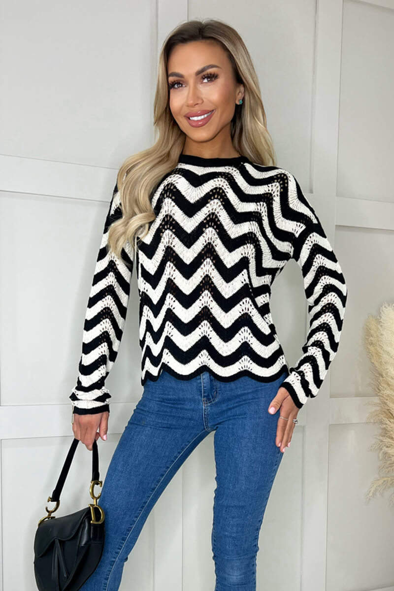 Black And White Zig Zag Long Sleeve Crochet Top – AX Paris
