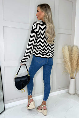 Black And White Zig Zag Long Sleeve Crochet Top