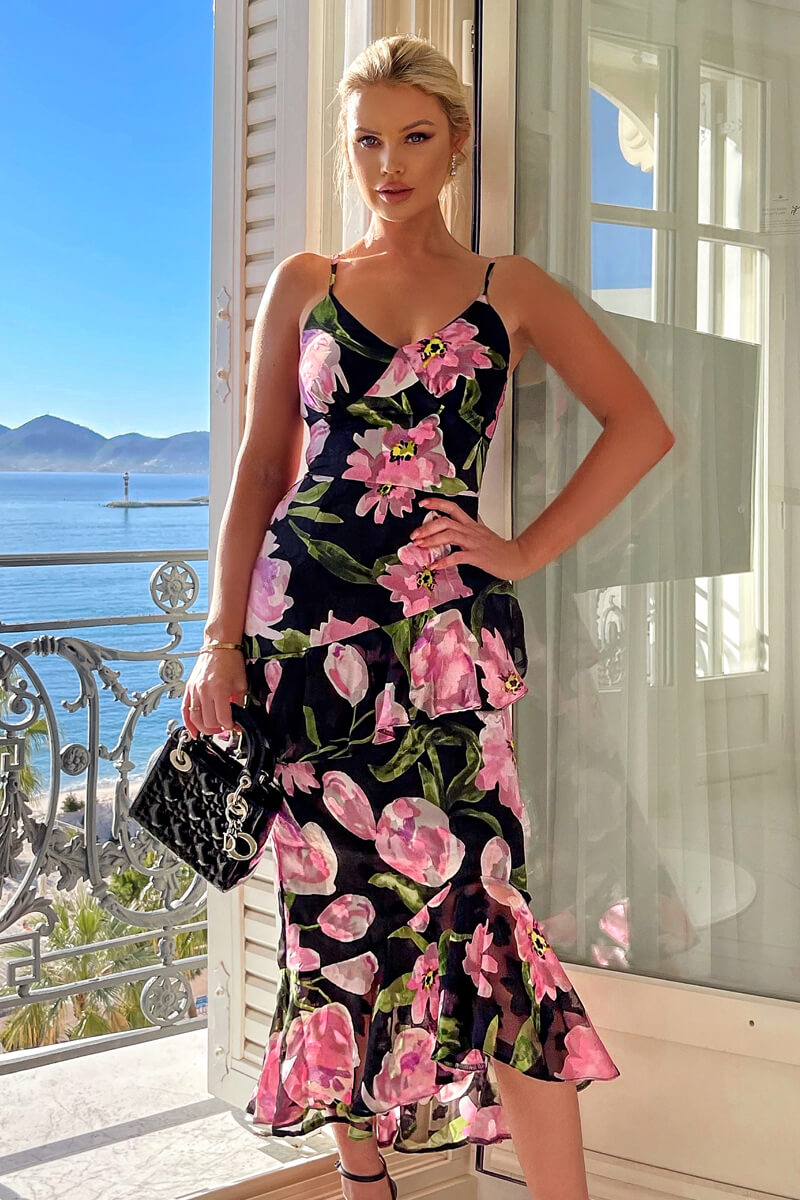 Black And Pink Lace Embroidered Frill High Low Midi Dress – AX Paris