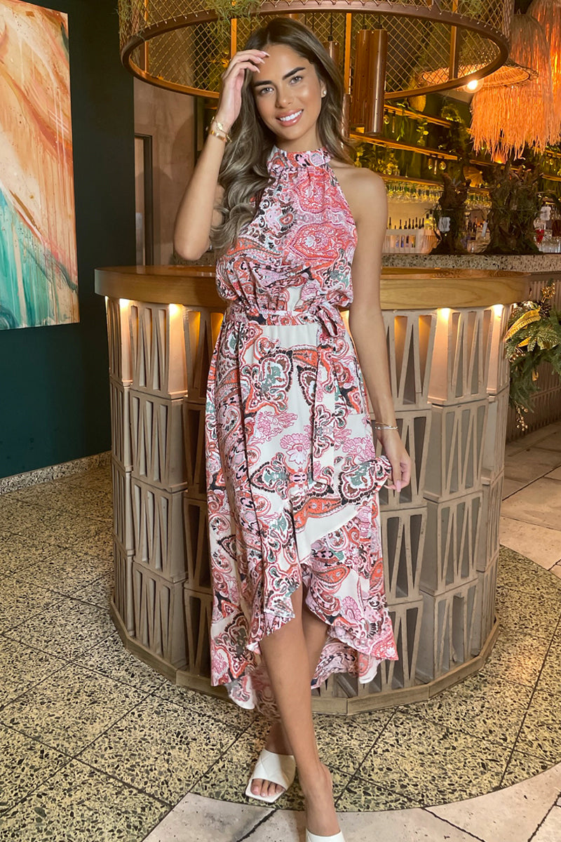 Puff Sleeve Ax Paris Tie Waist Midi Dress Multi Print Paisley Halter Neck Tie Waist Midi Puff Sleeve Ax Paris Tie Waist Midi Dress Multi Print Paisley Halter Neck Tie Waist Midi