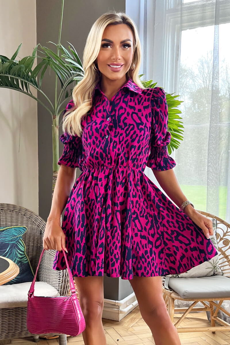 Cerise And Navy Animal Print Puff Sleeve Shirt Skater Dress – AX Paris