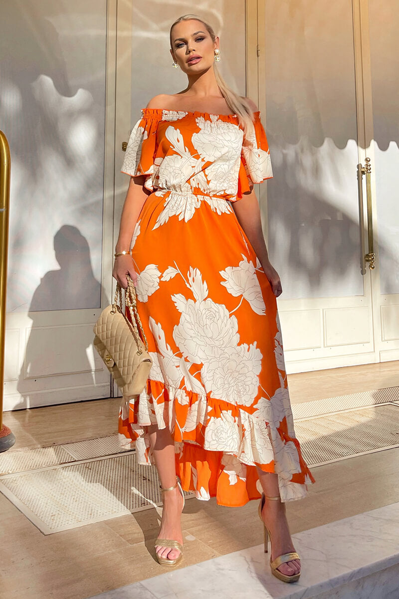 orange bardot maxi dress Women's Burnt Orange Lined Mesh Bardot Maxi Dress