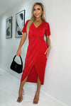 Red Short Sleeve Plisse Wrap Midi Dress