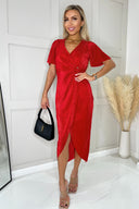 Red Short Sleeve Plisse Wrap Midi Dress