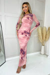 Blush Printed Mesh Overlay Long Sleeve Bodycon Midi Dress
