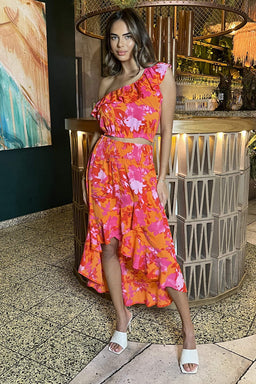 Pink And Orange Floral One Shoulder Frill Detail Top