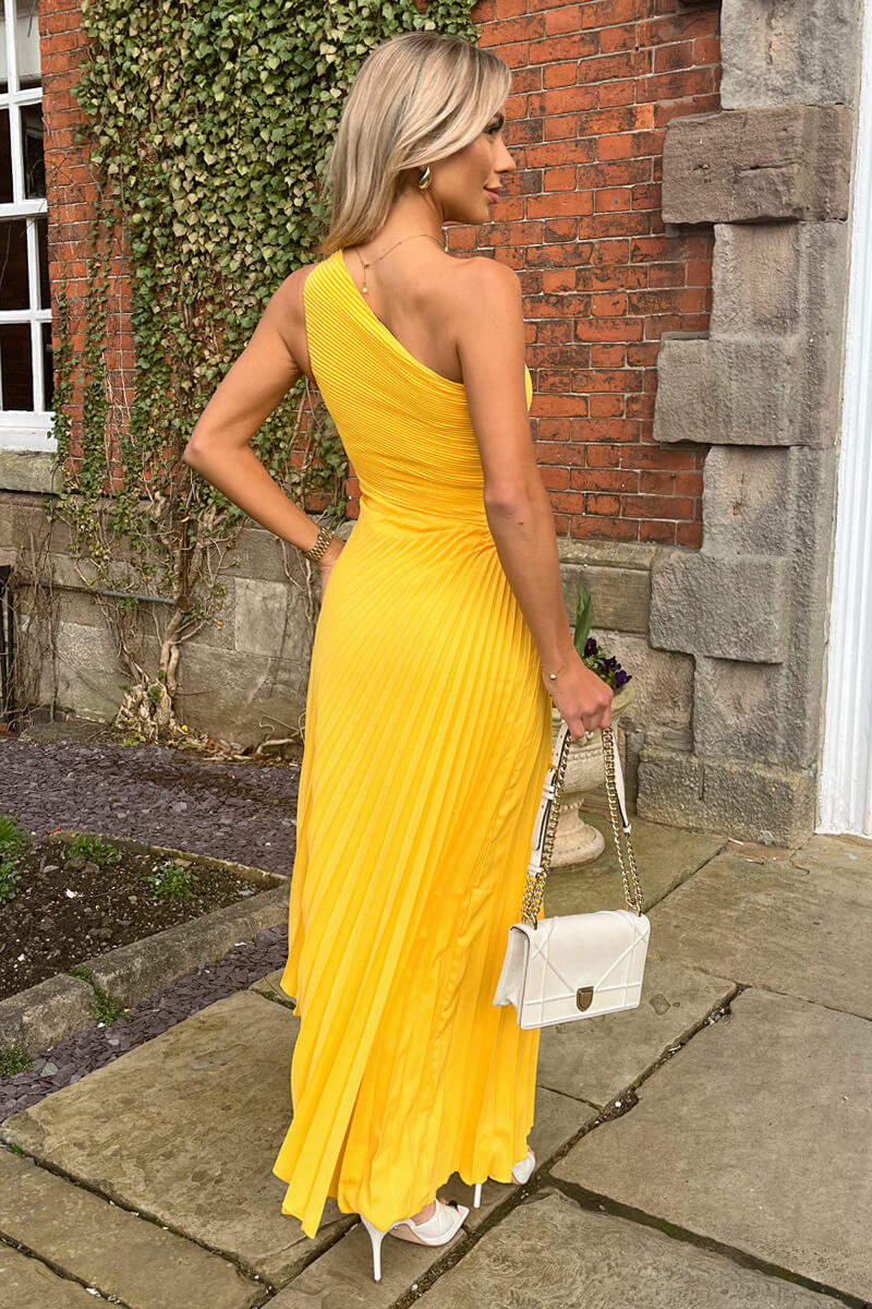 Yellow One Shoulder Cut Out Pleated Midi Dress