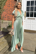 Duck Egg Wrap Top Zig Zag Hem Pleated Midi Dress
