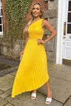 Yellow One Shoulder Cut Out Pleated Midi Dress