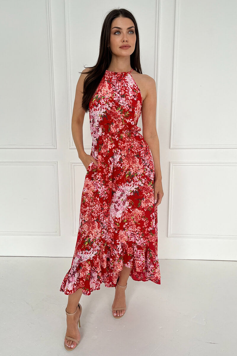 Red Floral Printed Frill Hem High Neck Midi Dress AX Paris Red Floral Printed Frill Hem High Neck Midi Dress AX Paris