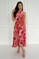 Red Floral Printed Frill Hem High Neck Midi Dress
