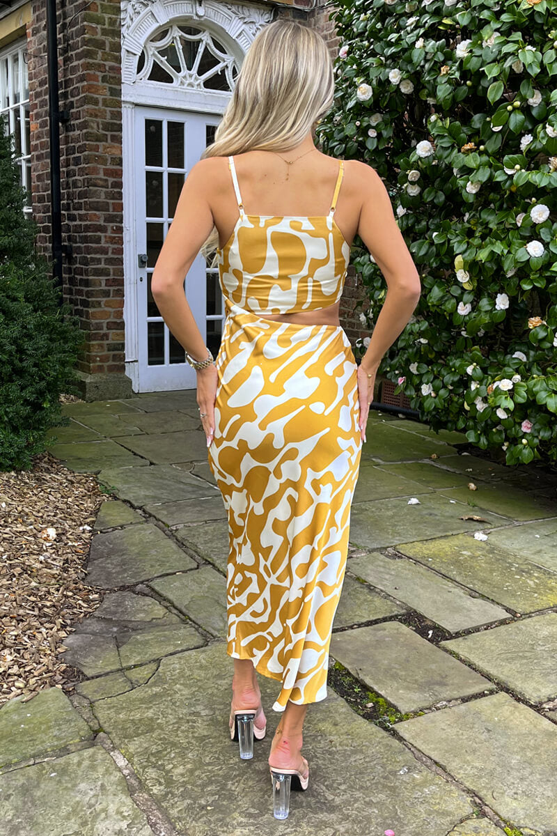 Mustard Abstract Print Asymmetric Cut Out Midi Dress AX Paris Mustard Abstract Print Asymmetric Cut Out Midi Dress AX Paris