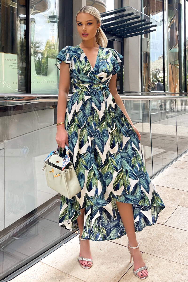 Blue Leaf Print Short Sleeve Belted Wrap Midi Dress AX Paris Blue Leaf Print Short Sleeve Belted Wrap Midi Dress AX Paris