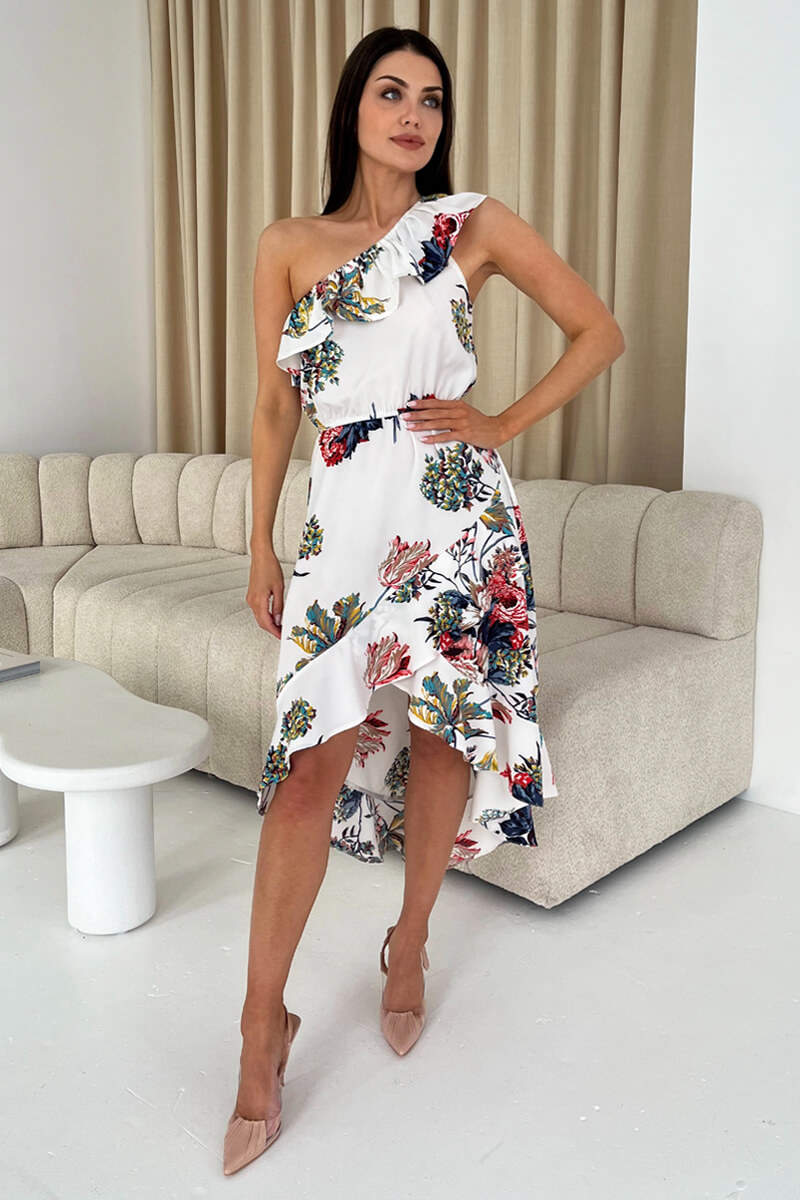 Cream Floral One Shoulder Frill Detail Dipped Hem Dress AX Paris Cream Floral One Shoulder Frill Detail Dipped Hem Dress AX Paris