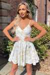 Cream Floral Printed Strappy Wrap Top Belted Mini Dress