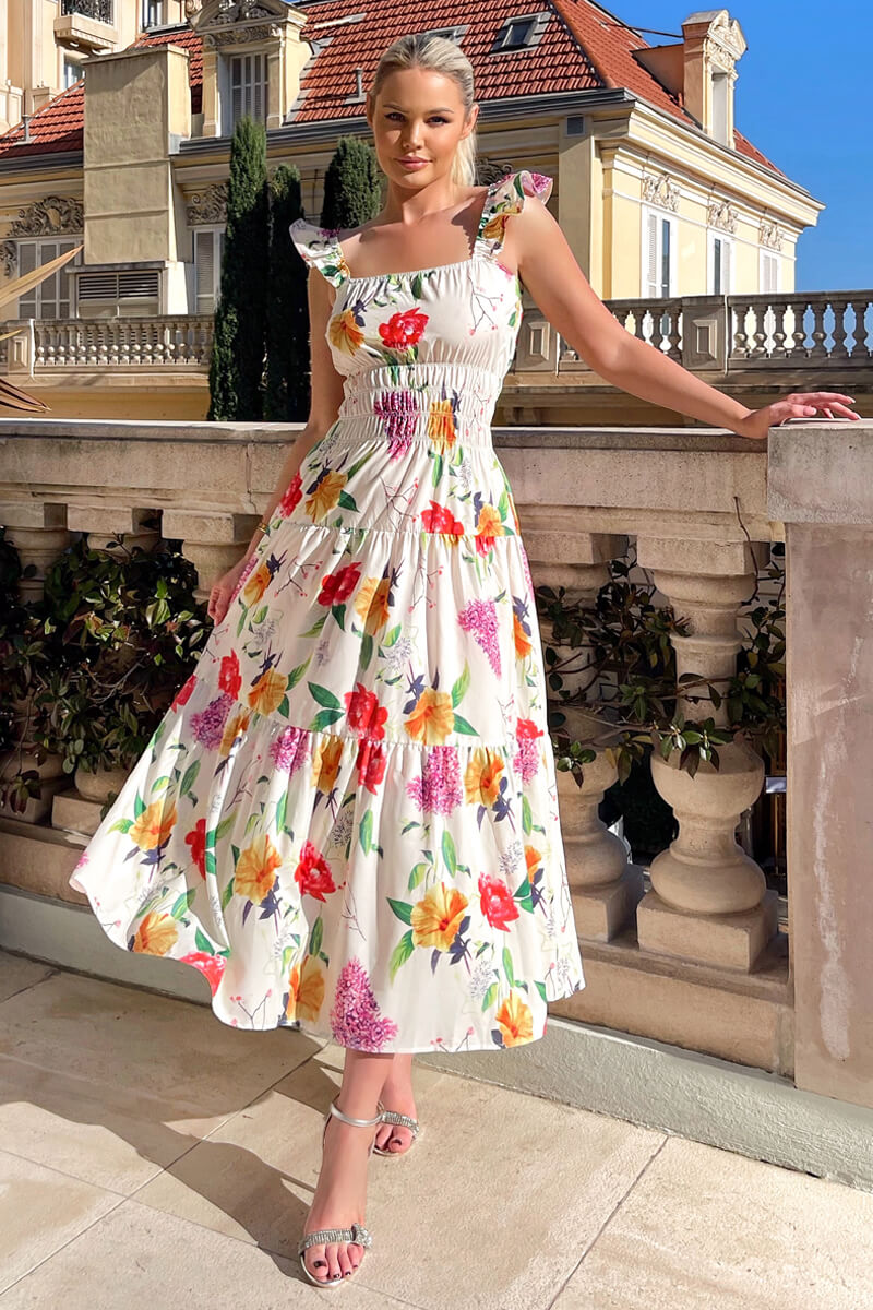 Cream Floral Printed Frill Strap Midi Dress – AX Paris