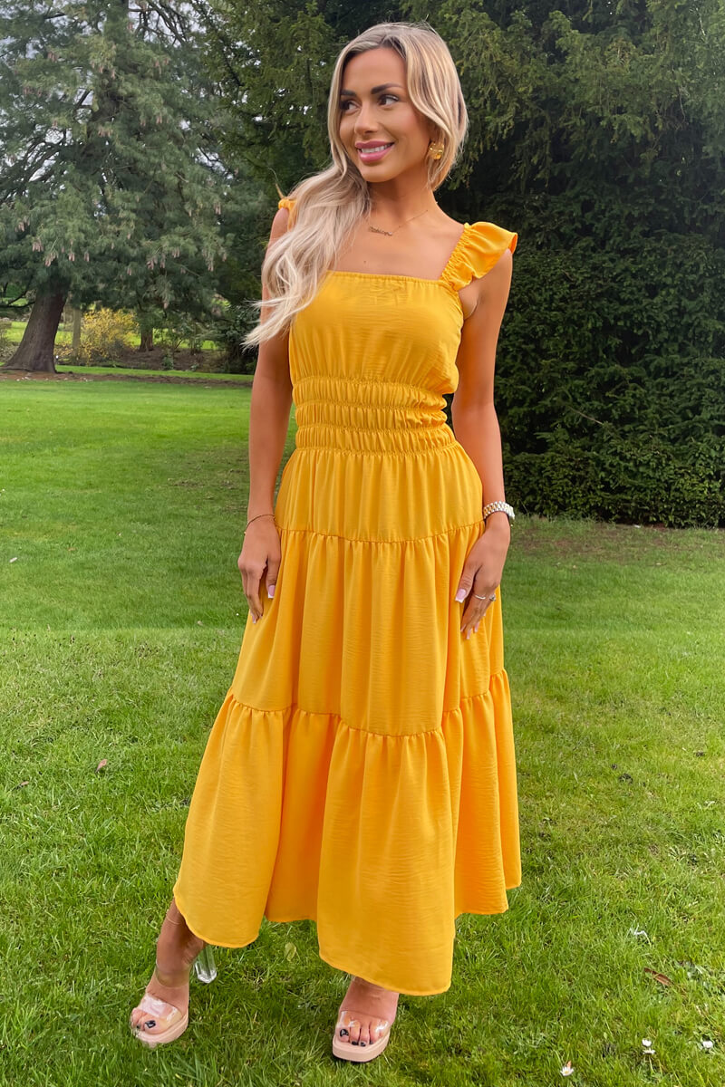 Yellow Frill Strap Tiered Midi Dress – AX Paris