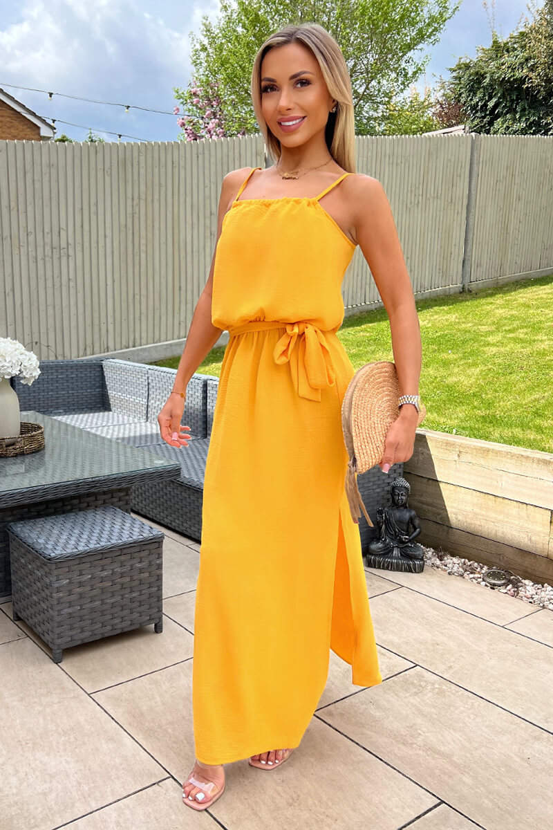 Yellow Tie Waist Strappy Split Leg Midi Dress