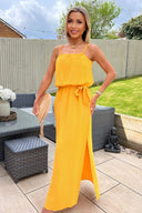 Yellow Tie Waist Strappy Split Leg Midi Dress