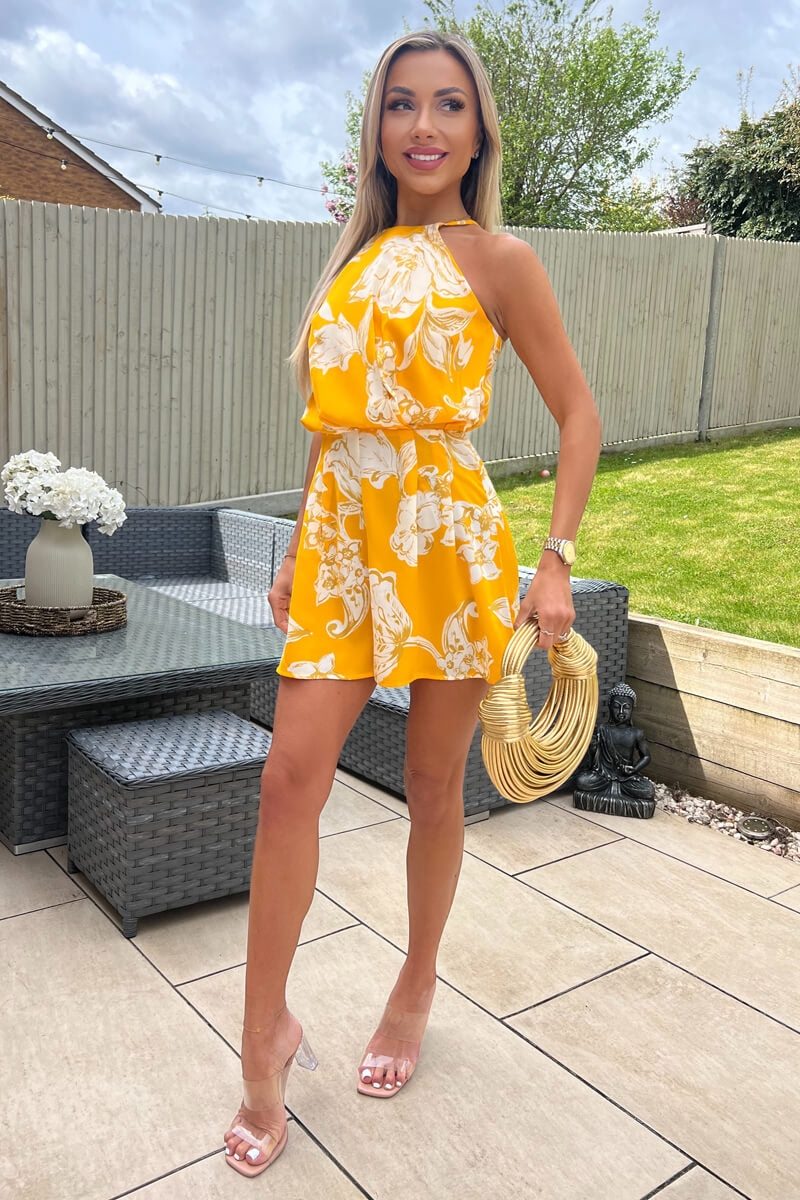 Yellow Floral Printed High Neck Playsuit AX Paris