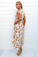 Cream Floral Print Short Sleeve Belted Wrap Midi Dress