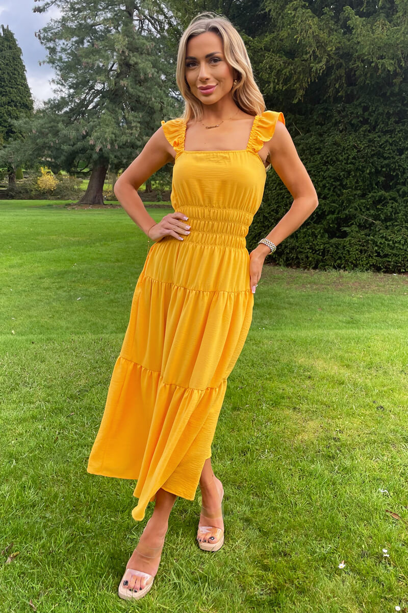 Yellow Frill Strap Tiered Midi Dress AX Paris Yellow Frill Strap Tiered Midi Dress AX Paris