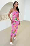 Pink Tropical Print  Cowl Neck Ruched Side Strappy Midi Dress
